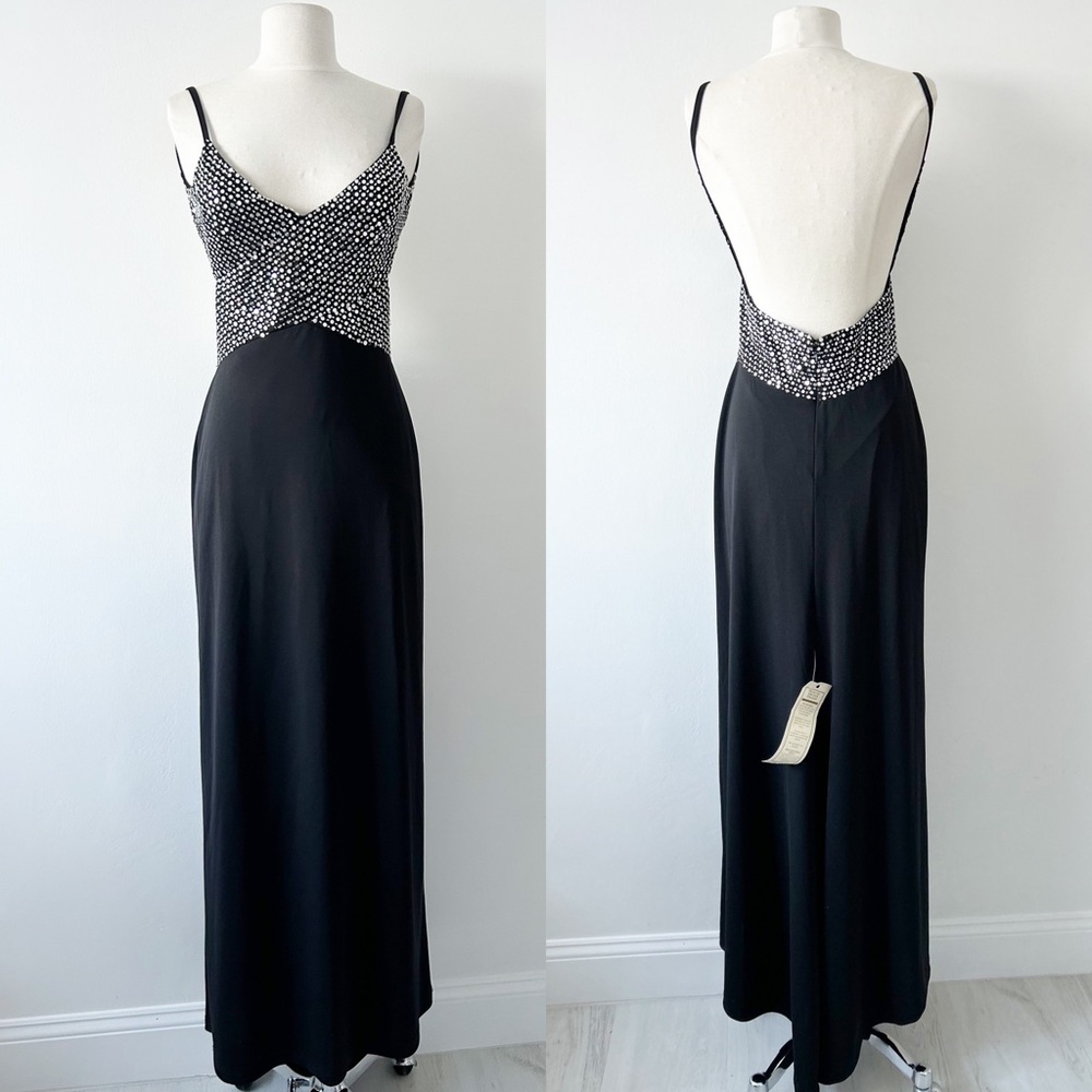 Vintage NEW Deadstock Cache Sequin Beaded Low Back Black Gown Dress Size 4